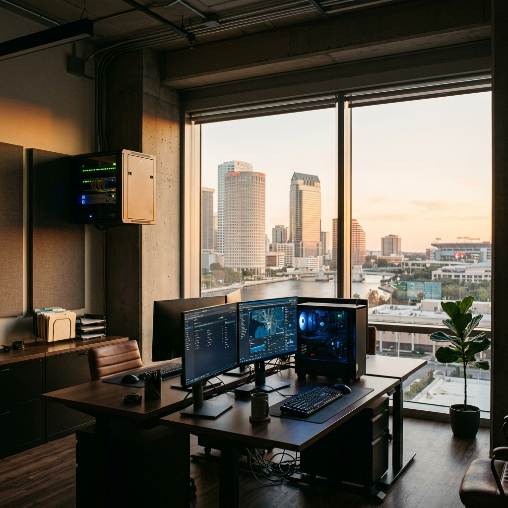 Dual-monitor computer workstation overlooking a downtown waterfront skyline